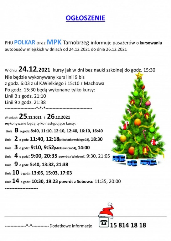Ogłoszenie PHU Polkar i MPK Tarnobrzeg - kursy autobusów w okresie świątecznym